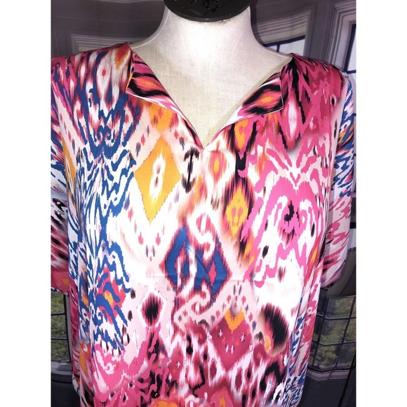 Chicos 1 NWT Dolman Split Neck Blouse Pink Blue Multi Ikat Bright! Fun! msrp $99 - Picture 1 of 11